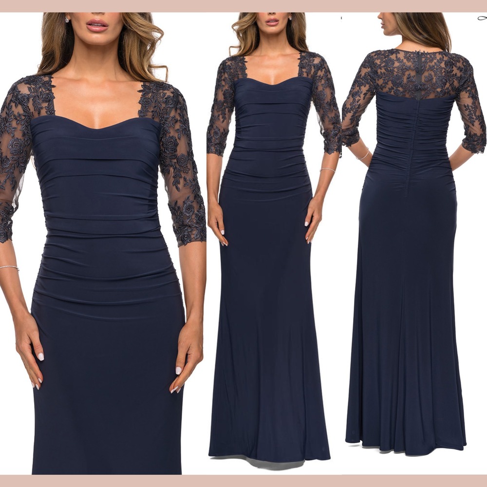 NWT La Femme [ 4 ] 28056‎ Lace V Neck Ruched Jersey Gown in Midnight #S2098